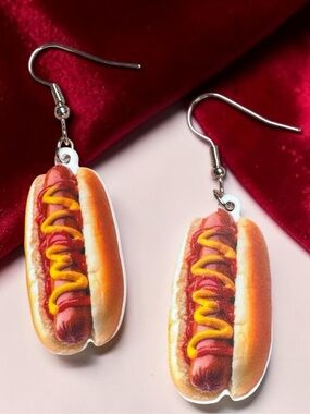 Hot Dog Acrylic Dangle Earrings Foodie Novelty BBQ Statement NWT